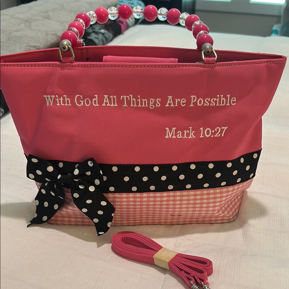 Pink Inspirational Tote Bag with Polka Dot Bow. Two ink stains can be cleaned